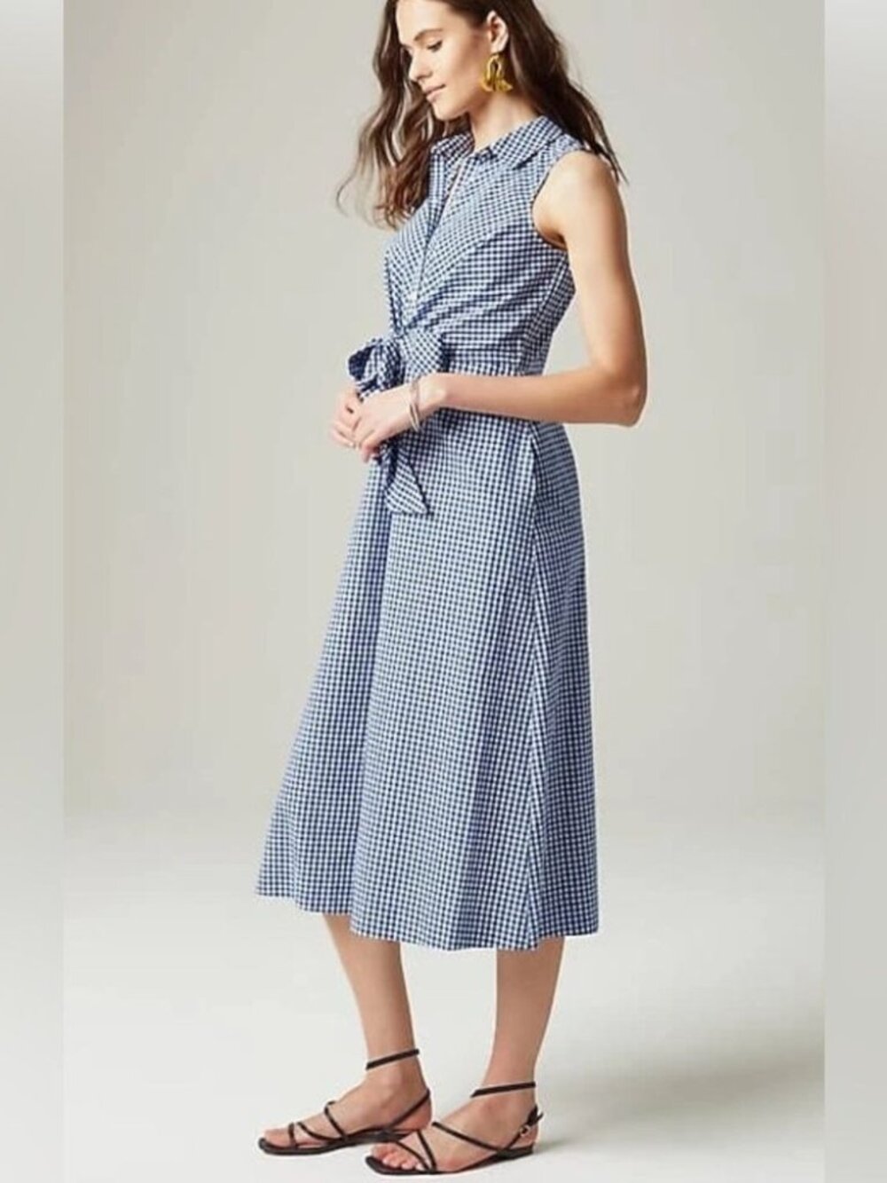 J Jill Blue‎ White Gingham Button Down Shirt Midi Dress Size Medium
